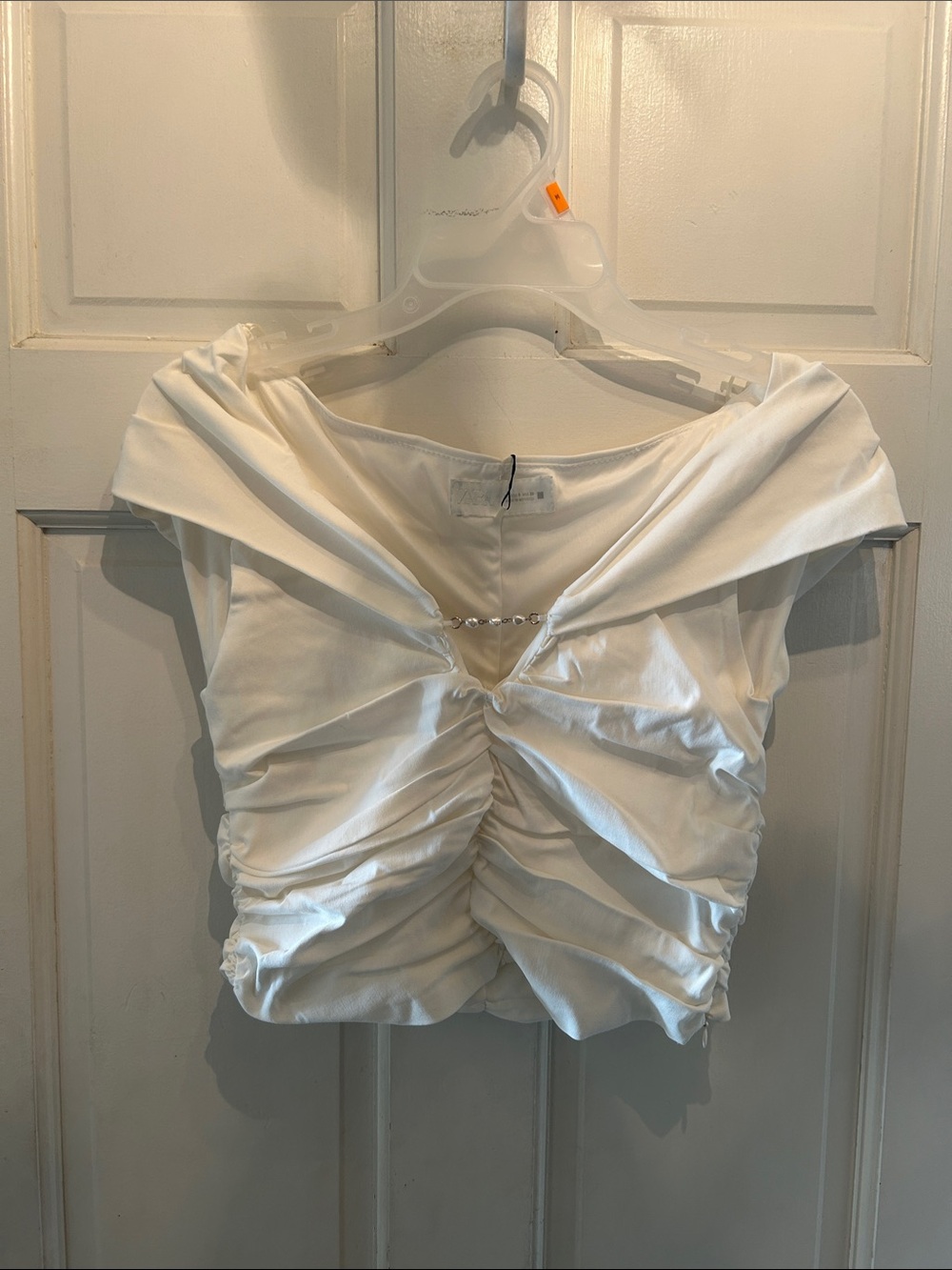 Zara White Off-Shoulder Ruched Crop Top with Bead Detail